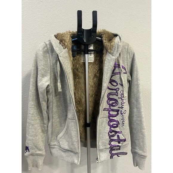 Aeropostale Tops - VTG Y2K Aeropostale 87 Faux Fur Lined Hoodie Grey Purple Medium Full Zip 2000s